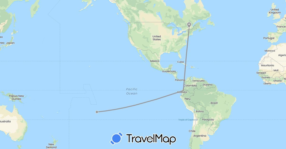 TravelMap itinerary: driving, plane in Canada, Ecuador, France (Europe, North America, South America)